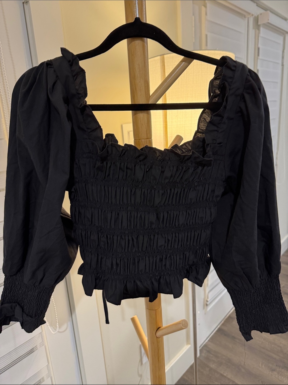Miss Selfridge Black Smocked Square-Neck Blouse with Puff Sleeves